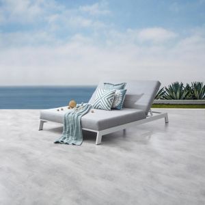 New Noosa White Outdoor Fabric Double Sun Lounge, Sunbrella Outdoor Fabric, Quick Dry Foam, Powdercoated Aluminium, 2 Seater