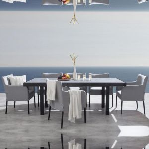 Invini 7-Piece Outdoor  Ceramic Dining Set With Hadid Chairs, Sunbrella Outdoor Fabric, Quick Dry Foam, Powdercoated Aluminium, Ceramic Table Top, 6 Seater