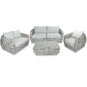Sienna 3 Seater, 2 Seater, Armchair & Coffee Table in Kubu Grey Synthetic Viro Rattan and Mountain Ash Sunproof All Weather Fabric